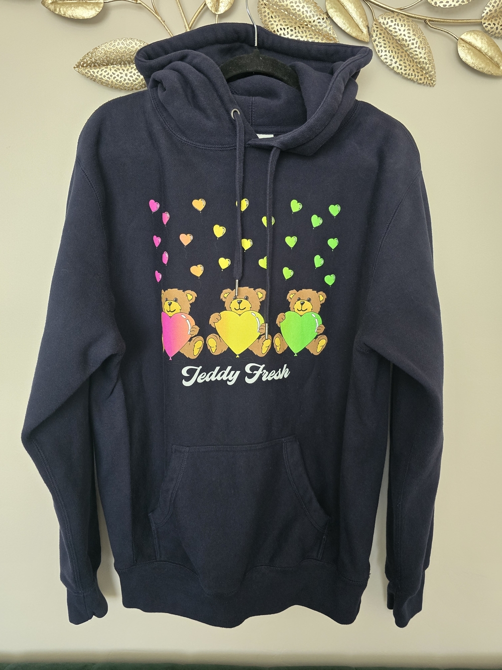 Teddy Fresh Dark Navy Hoodie with Colorful Teddy Hearts Size S Oversized Warm